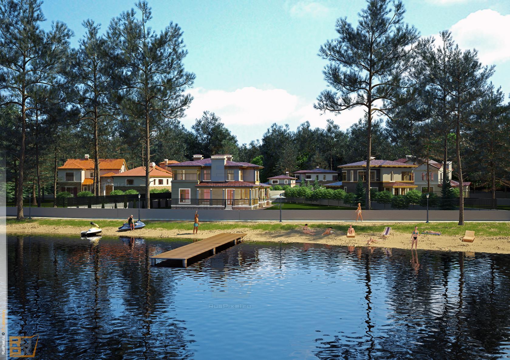 3d визуализация экстерьер, коттеджные дома в стиле райт, на берегу озера