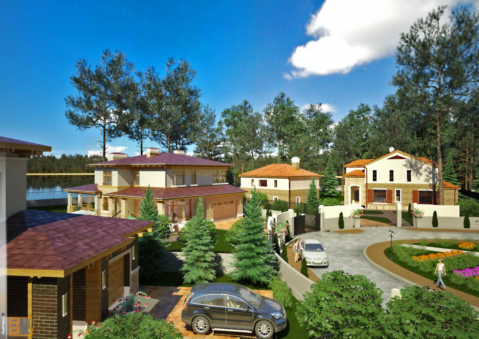 3d визуализация экстерьер, коттеджные дома в стиле райт, вид на озеро