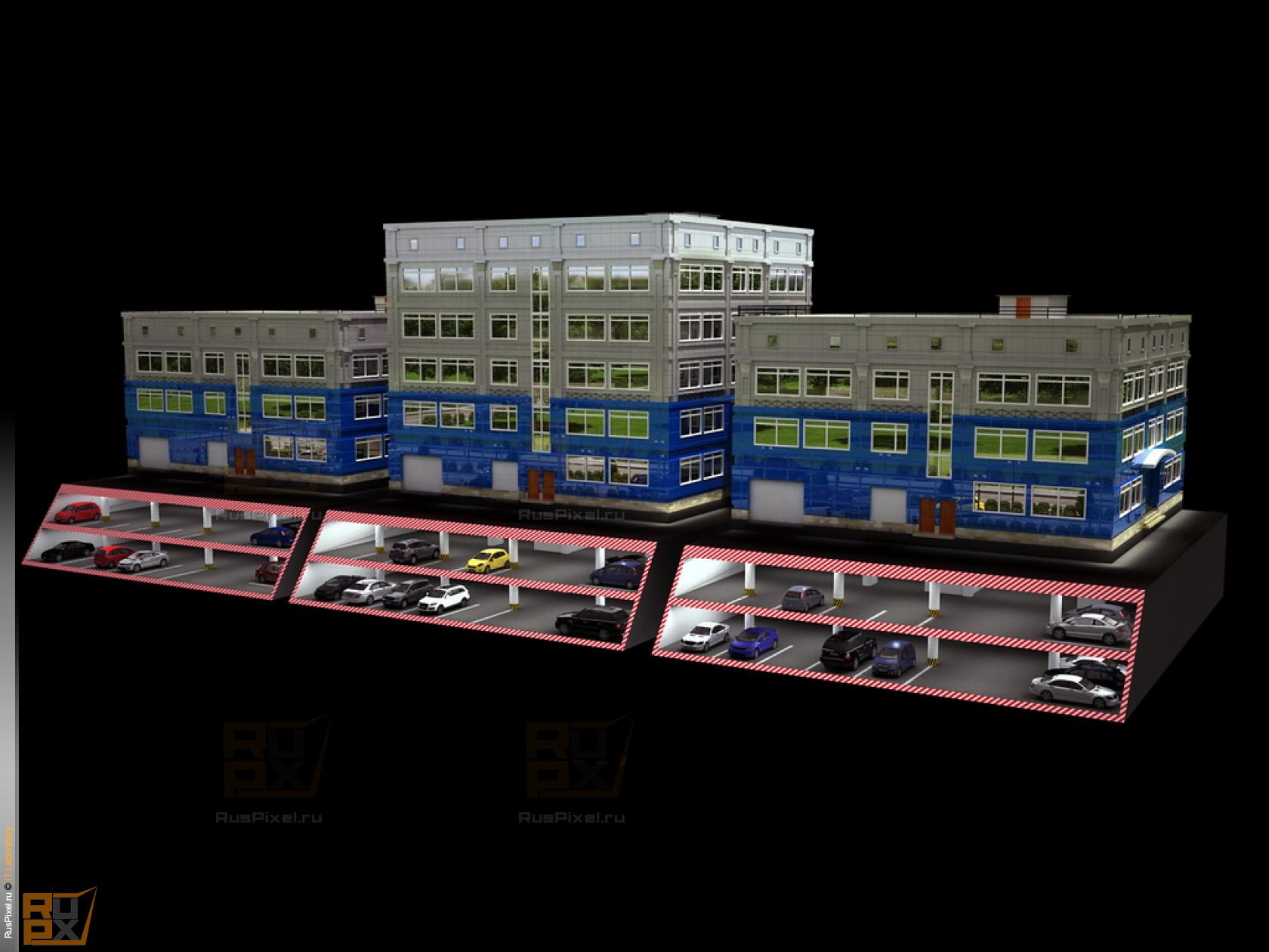 3d визуализация экстерьер, офисное здание, демонстрация подземной парковки