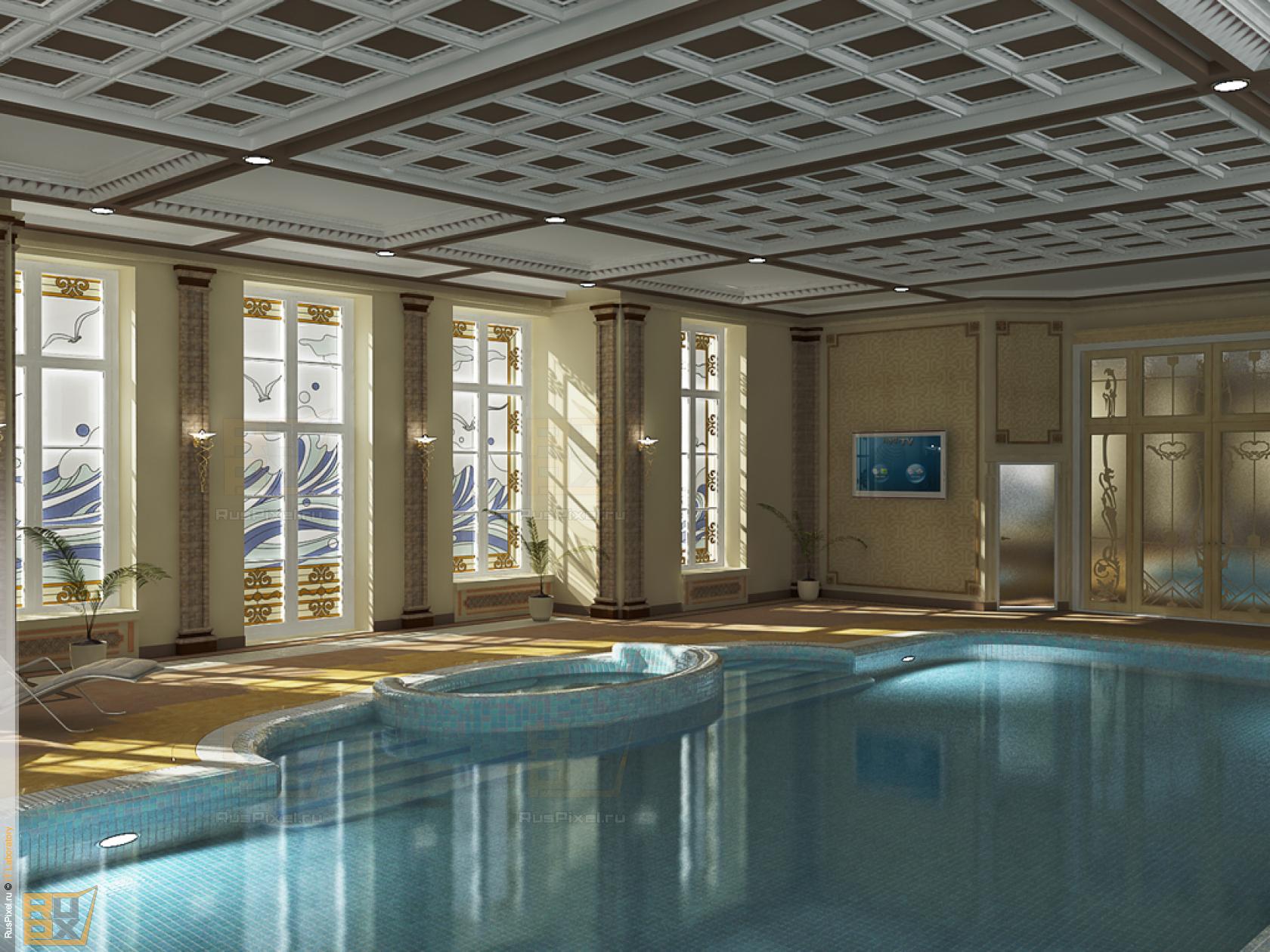 3d визуализация интерьер бассейн с витражными окнами
