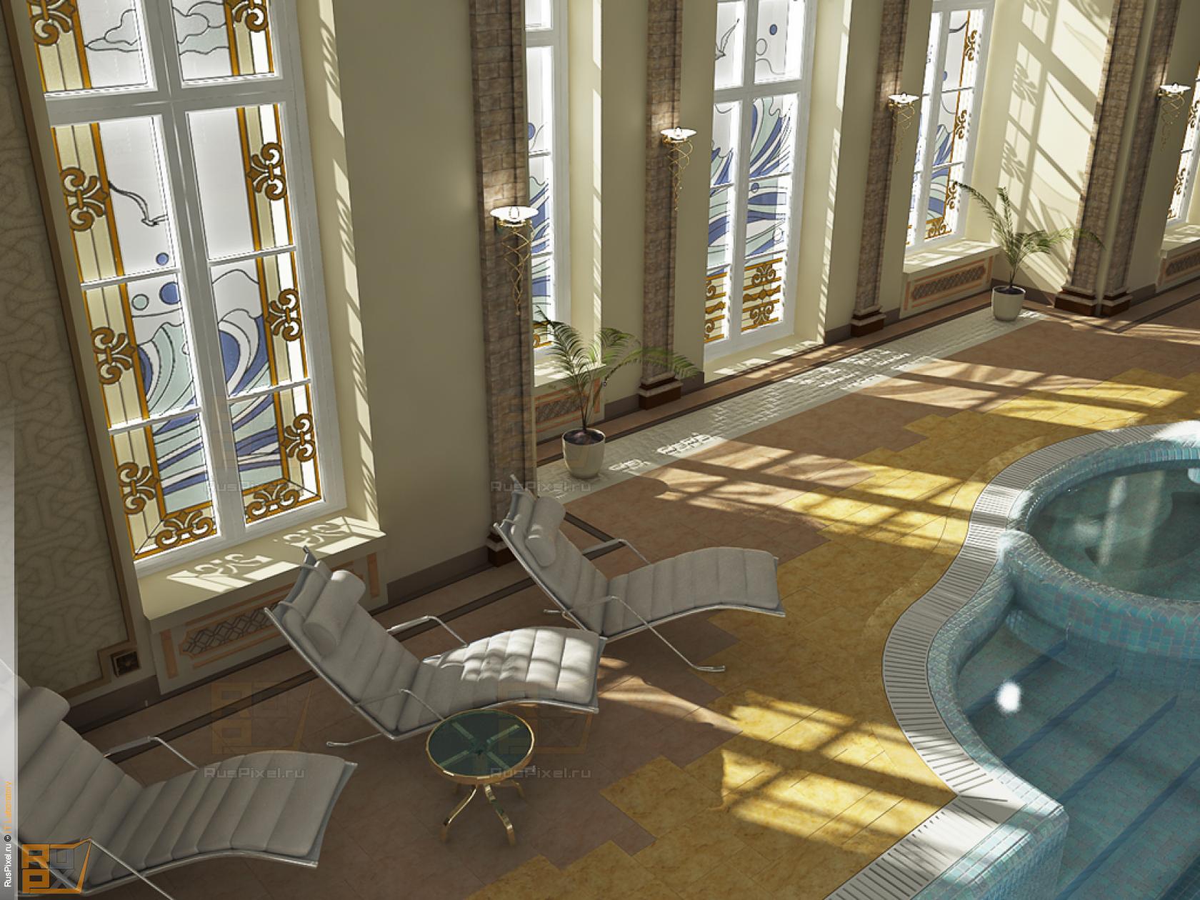 3d визуализация интерьер бассейн с витражными окнами зона отдыха