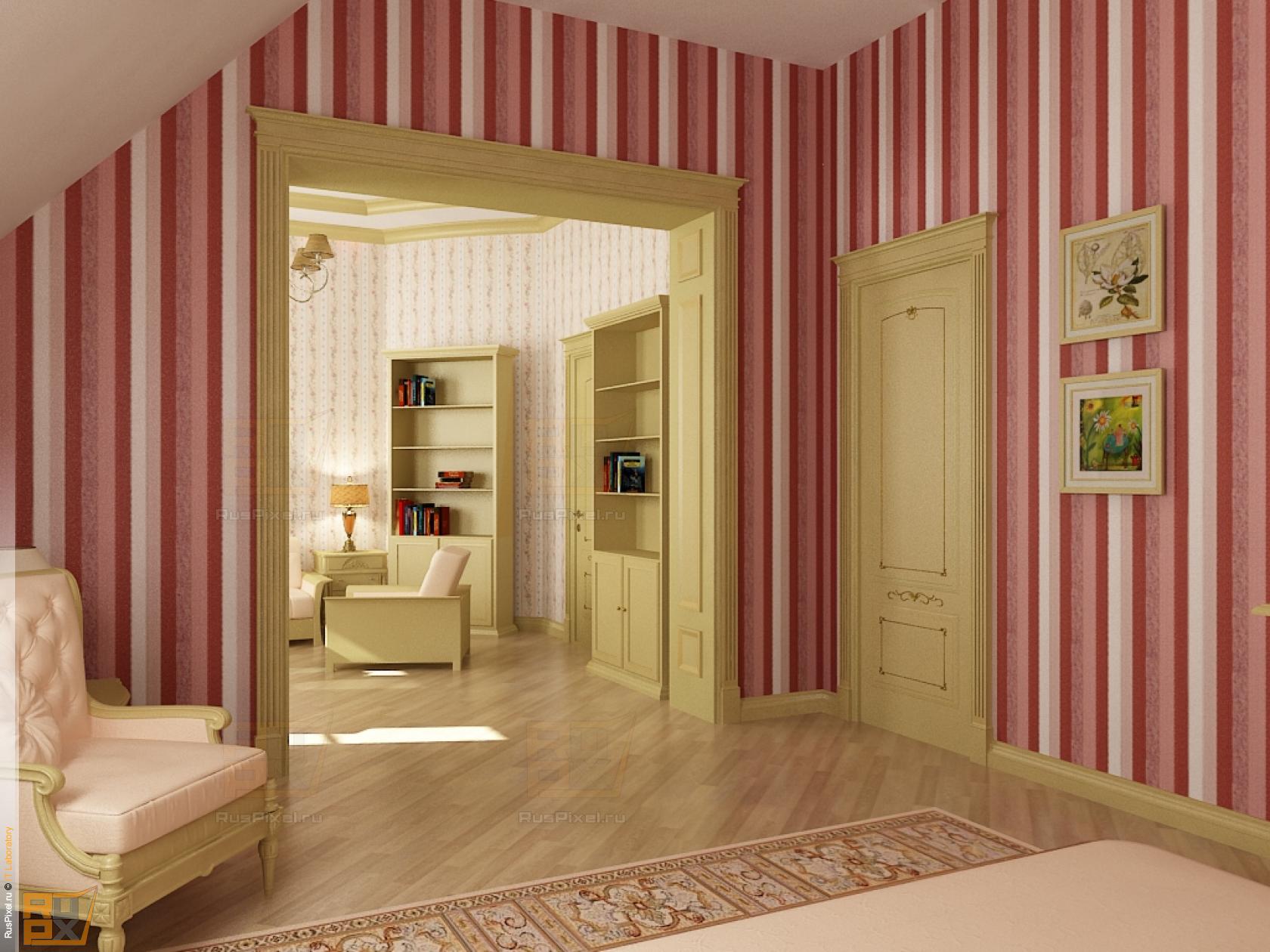 3d визуализация интерьер, детская на мансардном этаже, спальня, вид на гостинную