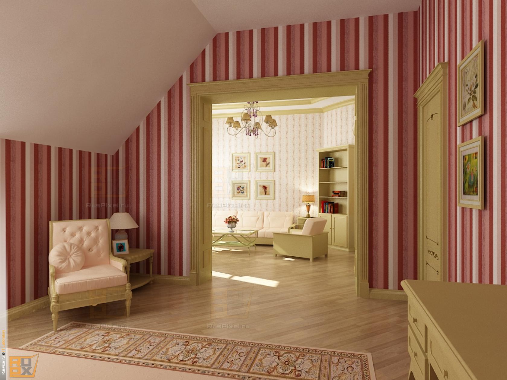3d визуализация интерьер, детская на мансардном этаже, вид на гостинную из спальни