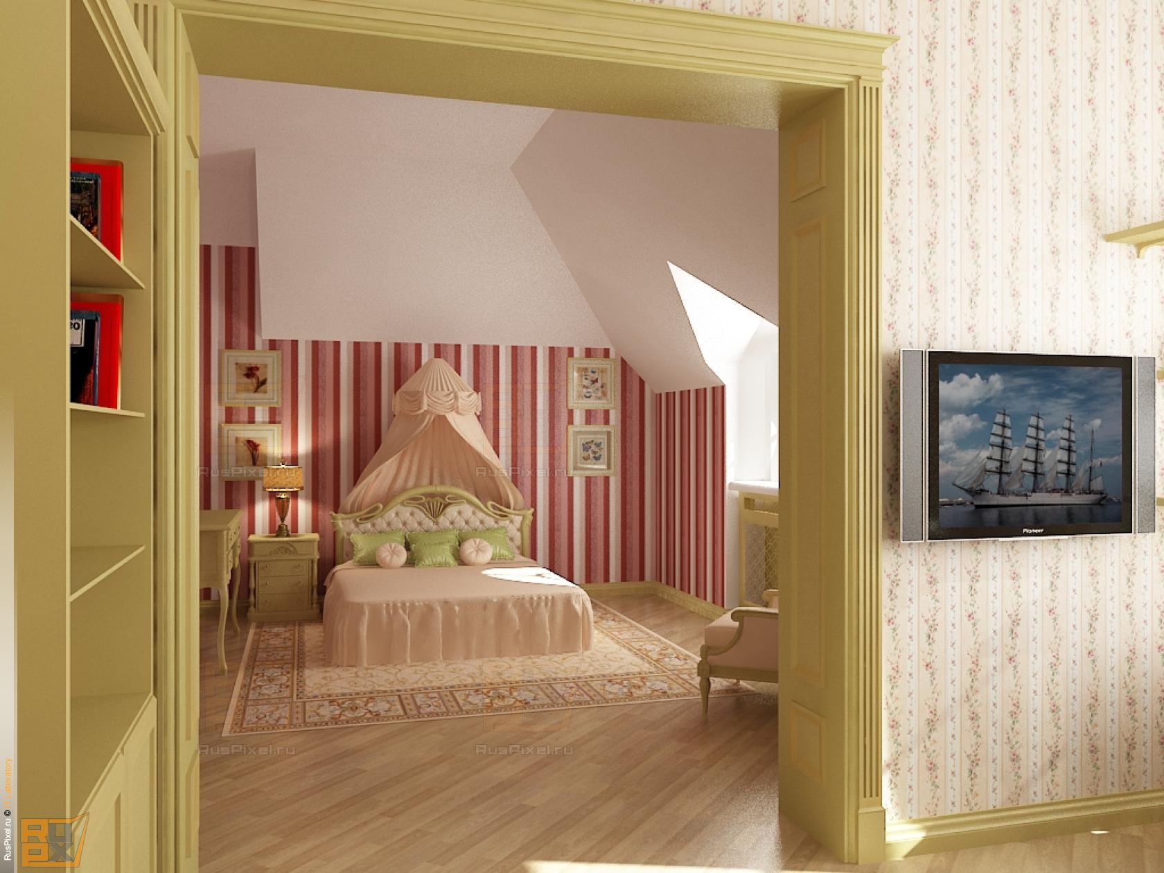 3d визуализация интерьер, детская на мансардном этаже, вид на спальню из гостинной