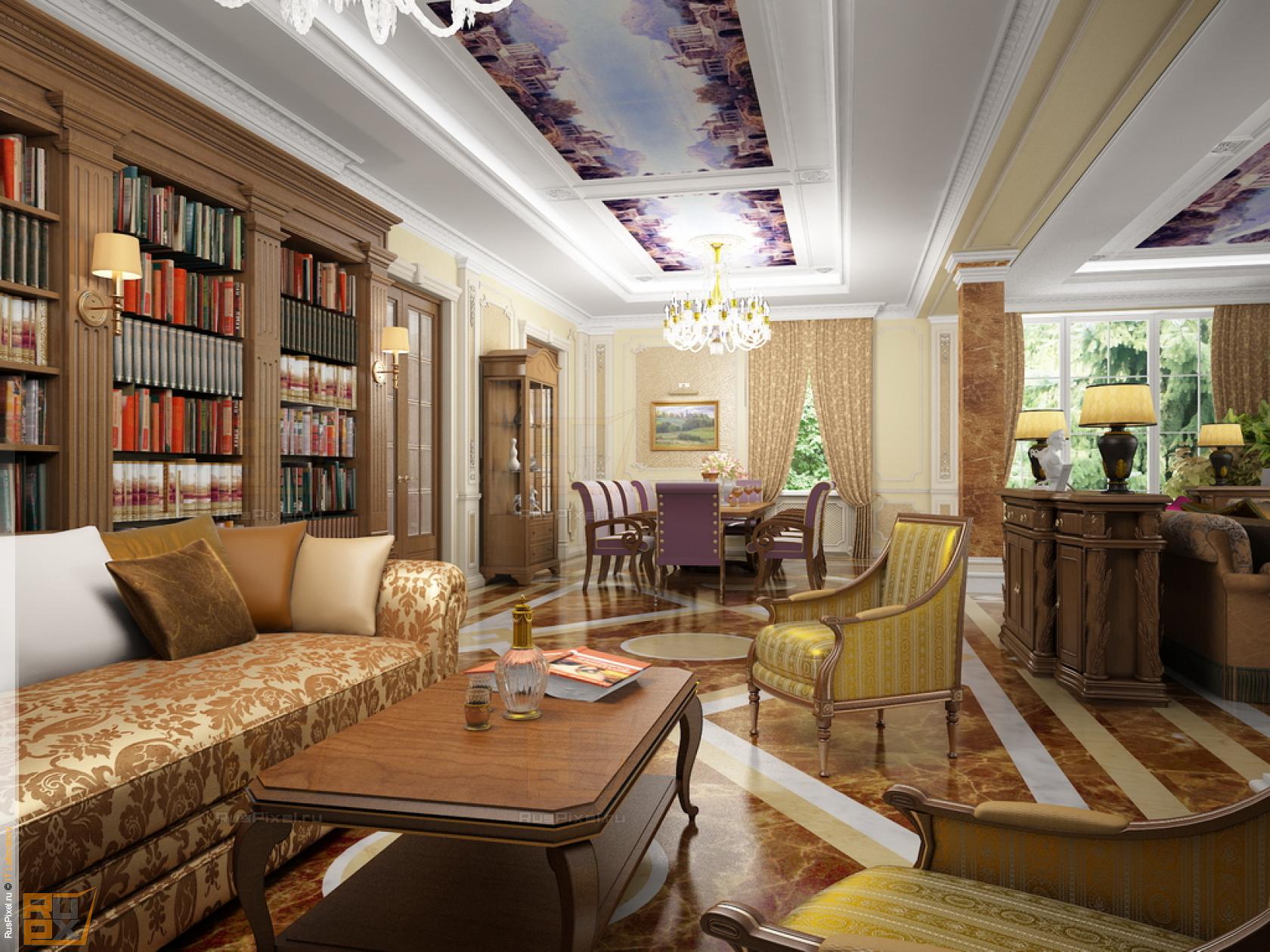 3d визуализация интерьер, гостиная, вид со стороны библиотеки