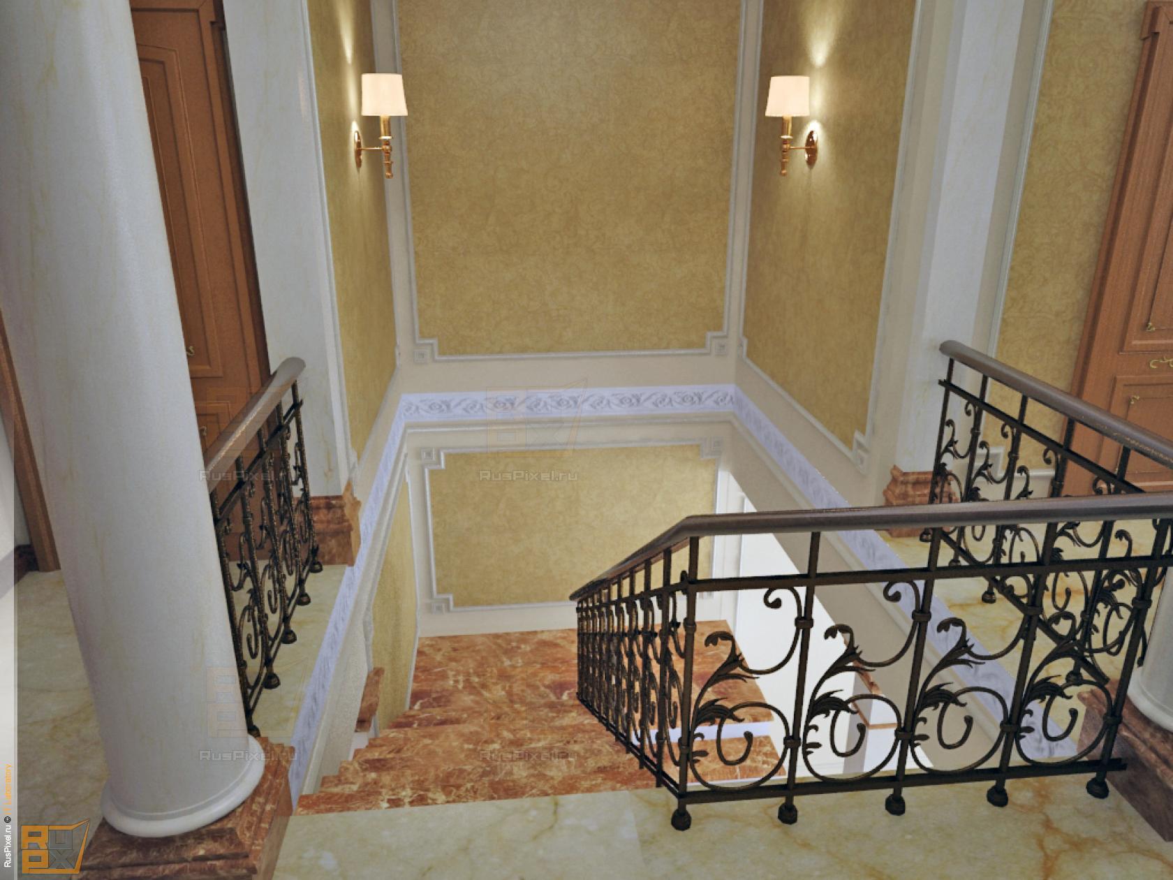 3d визуализация интерьер, холл, 2й этаж, 2й вид на лестницу