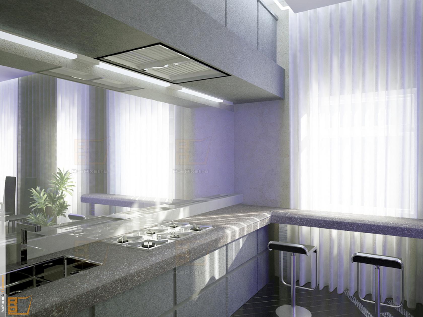 3d визуализация интерьер, хрущевка в стиле будущего, кухня