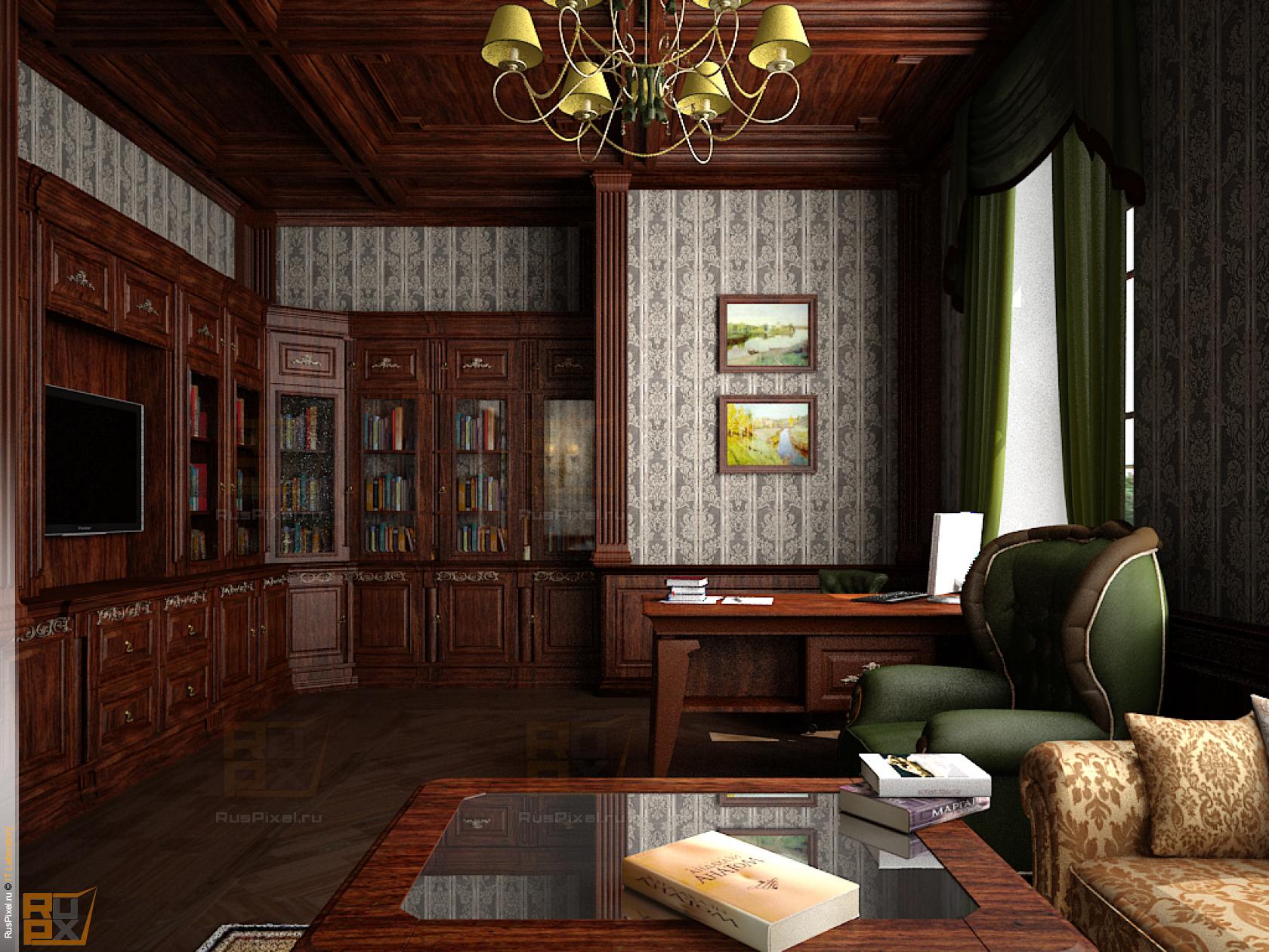 3d визуализация интерьер кабинет вид с дивана