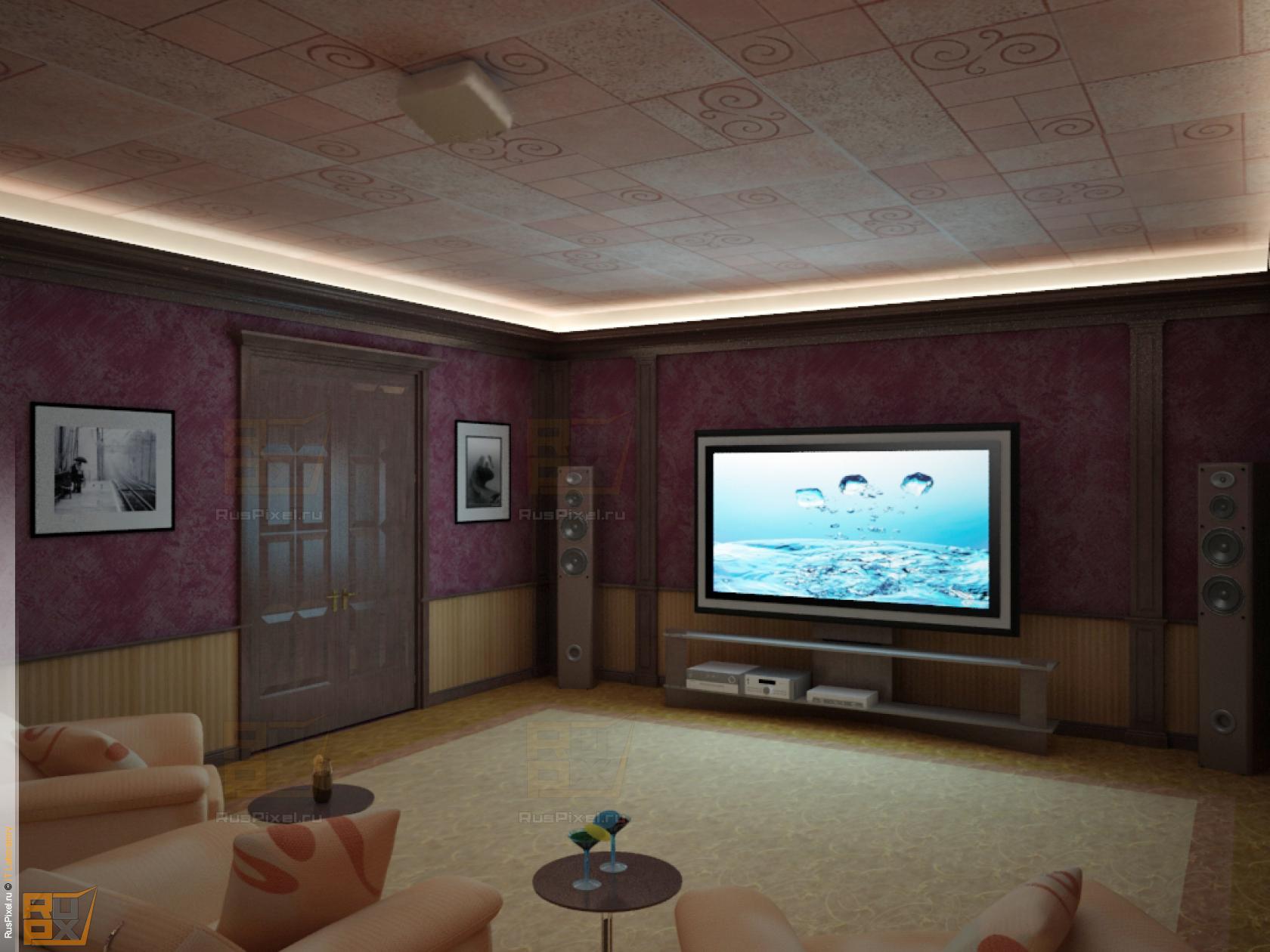 3d визуализация интерьер, кинотеатр в загородном доме, вид на экран