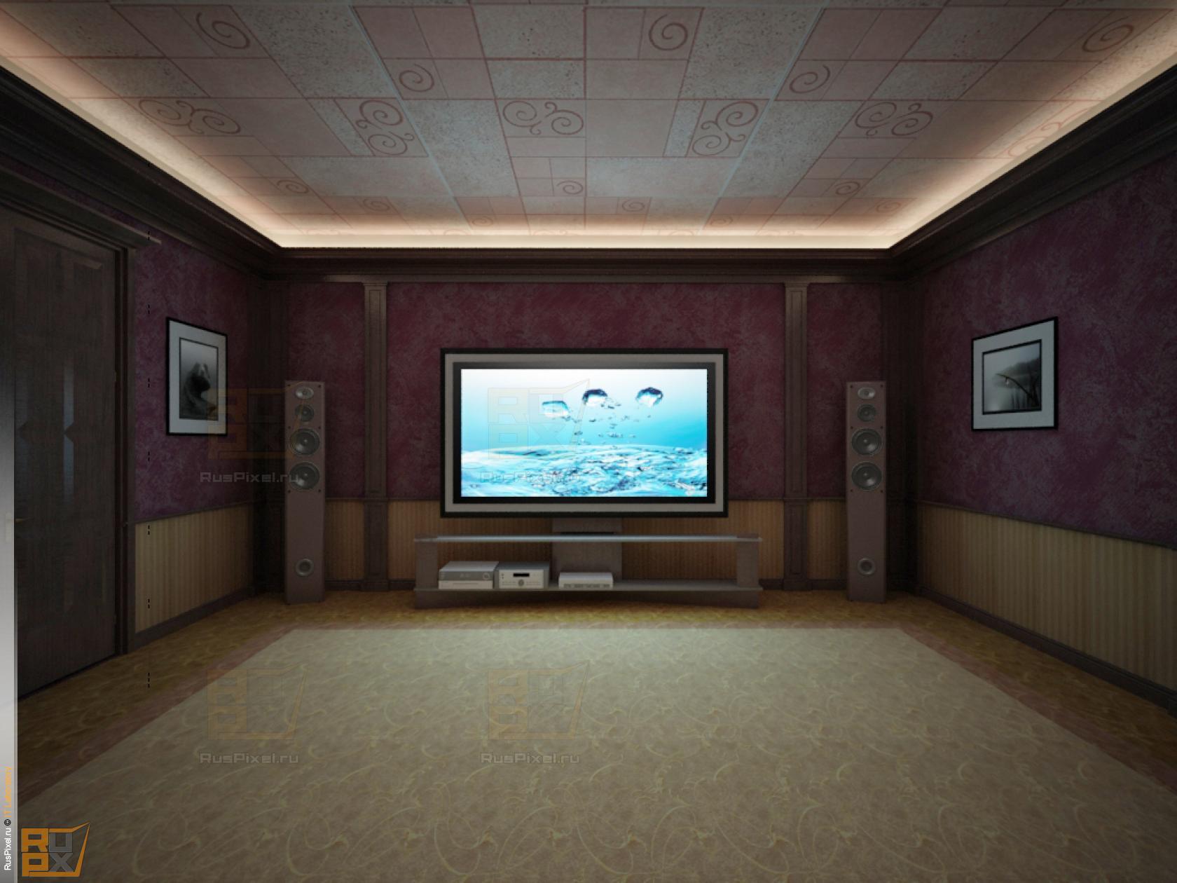 3d визуализация интерьер, кинотеатр в загородном доме, вид от зрителя