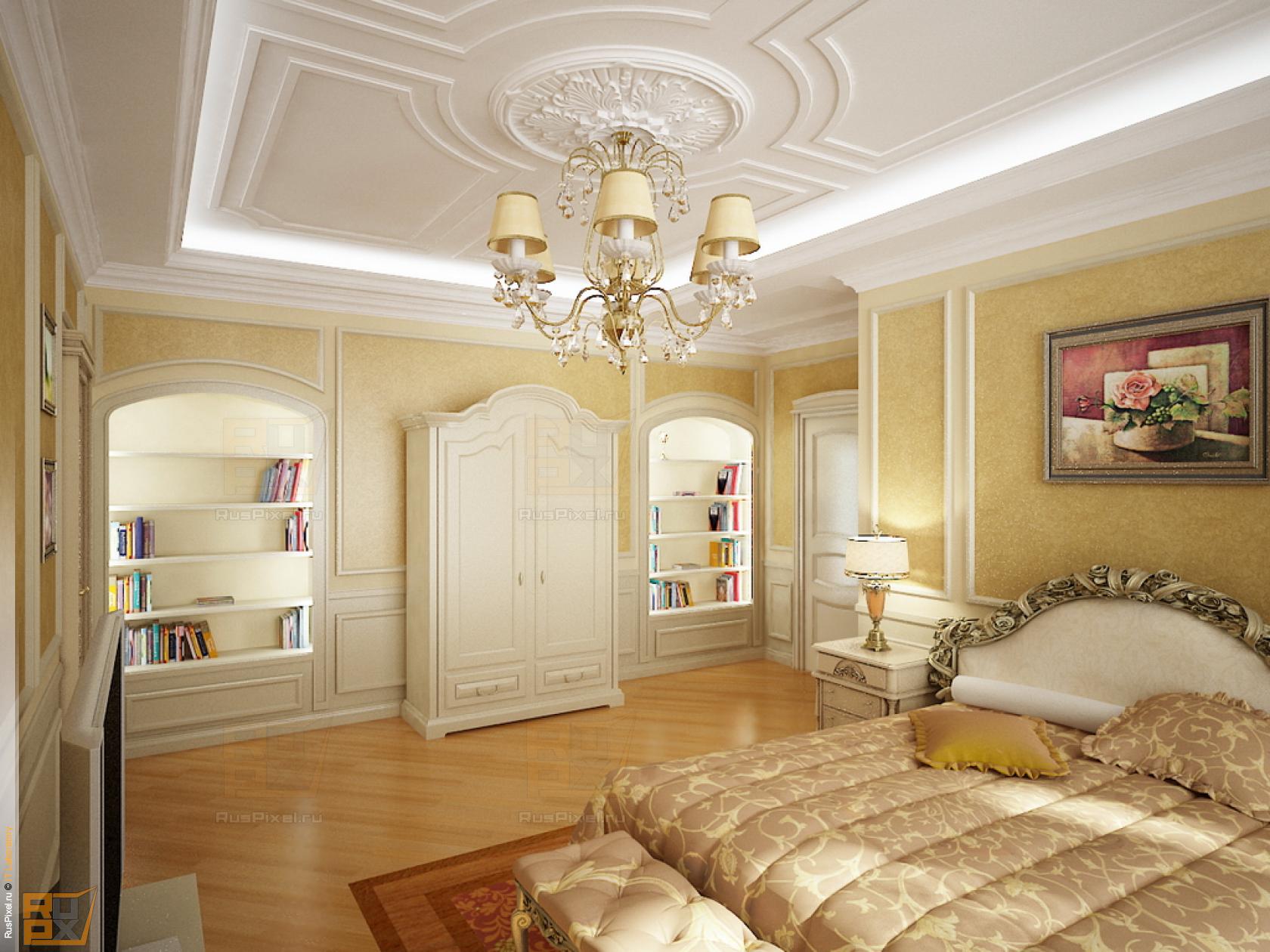 3d визуализация интерьер, спальня, вид со стороны окна
