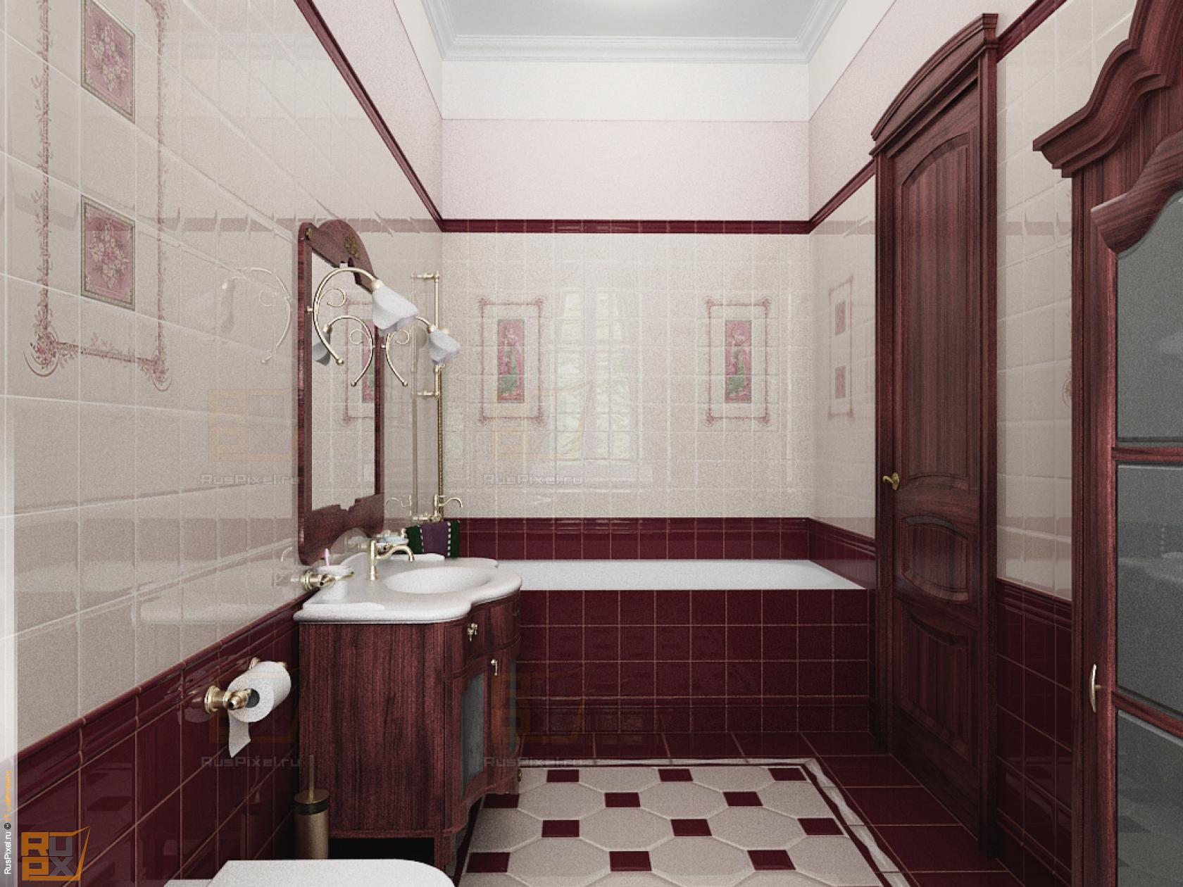 3d визуализация интерьер, ванная комната, вид на ванну